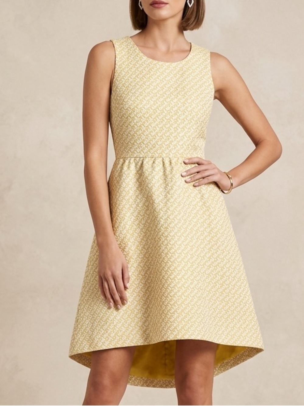 Lili Rose Mustard Yellow‎ White Geometric Jacquard Fit & Flare Dress Size 6